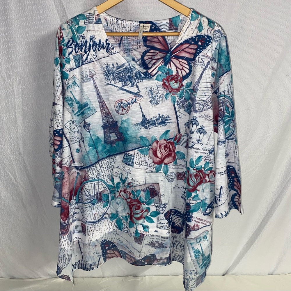 Est. 1946 | 3/4 Sleeve Women Jeweled Paris Top | Size 18/20W | Sheer Bottom Trim